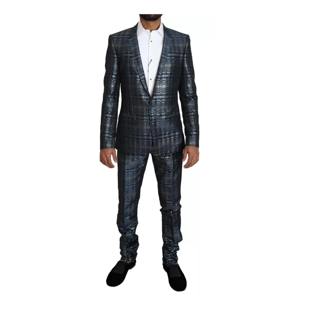 Dolce & Gabbana Single Breasted Suits, Male, S, Silver Shiny Slim Fit Suit Blue