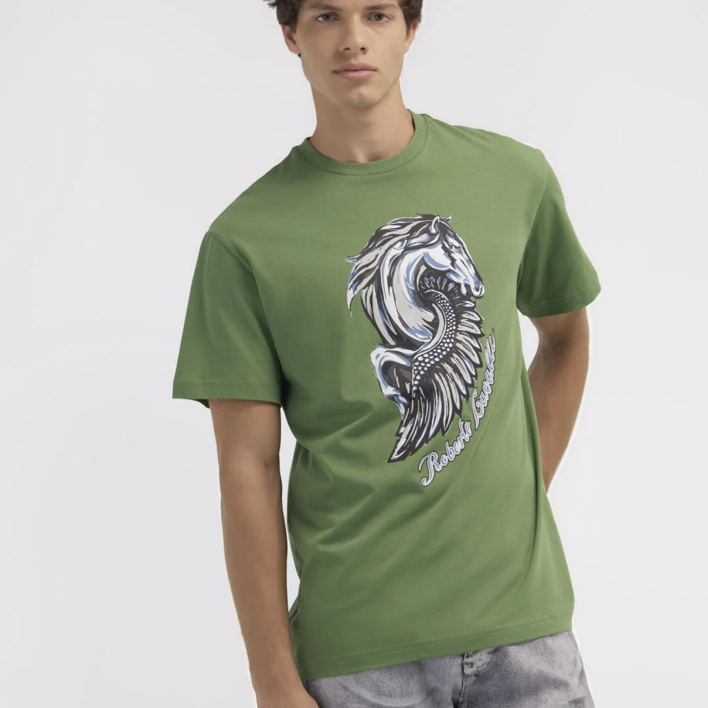 Roberto Cavalli T-shirt met Paardenlogo en Print Green Heren