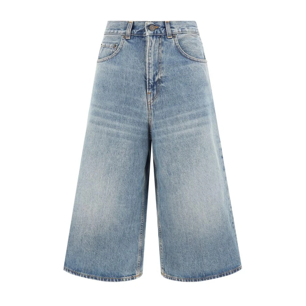 Haikure Denim Baggy Shorts met Leren Patch Blue Dames