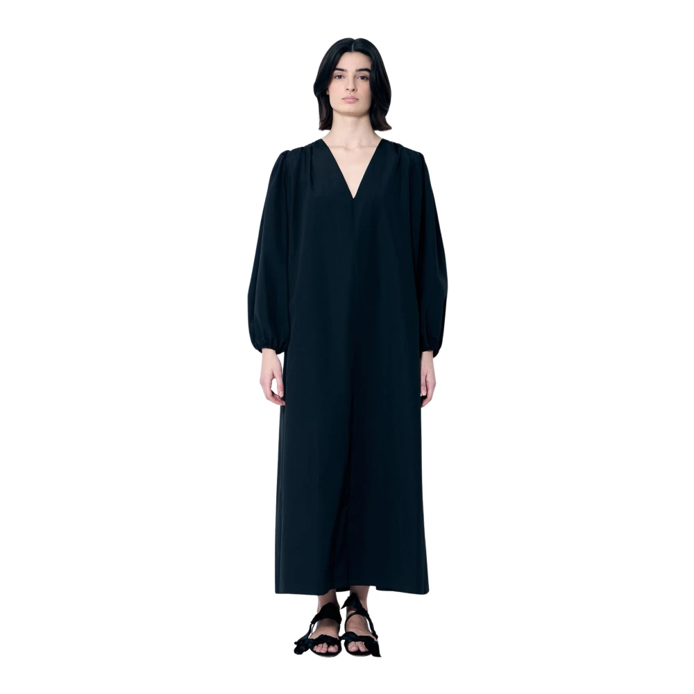 The Row Zijde Blend Midi Jurk Ballonmouwen Black Dames