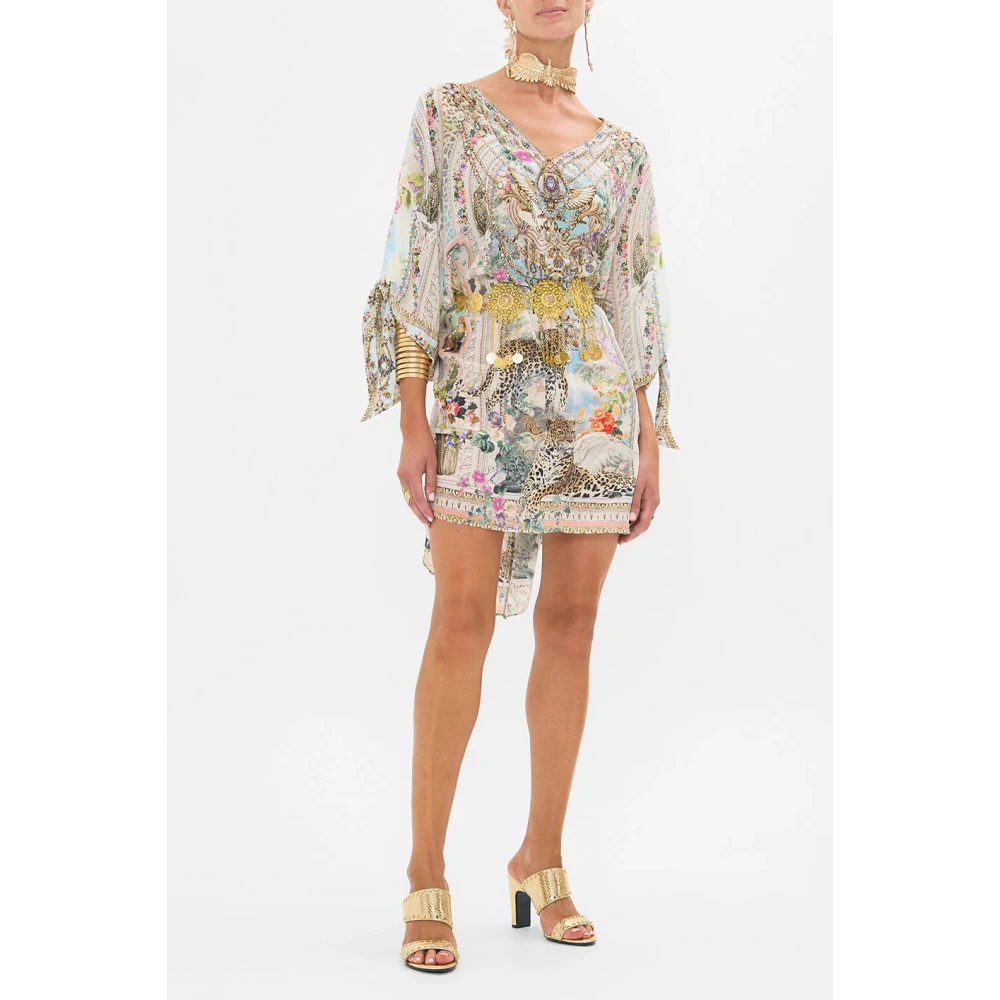 Camilla Luipaardprint Zijden Kaftan met Strikmouwen Beige Dames