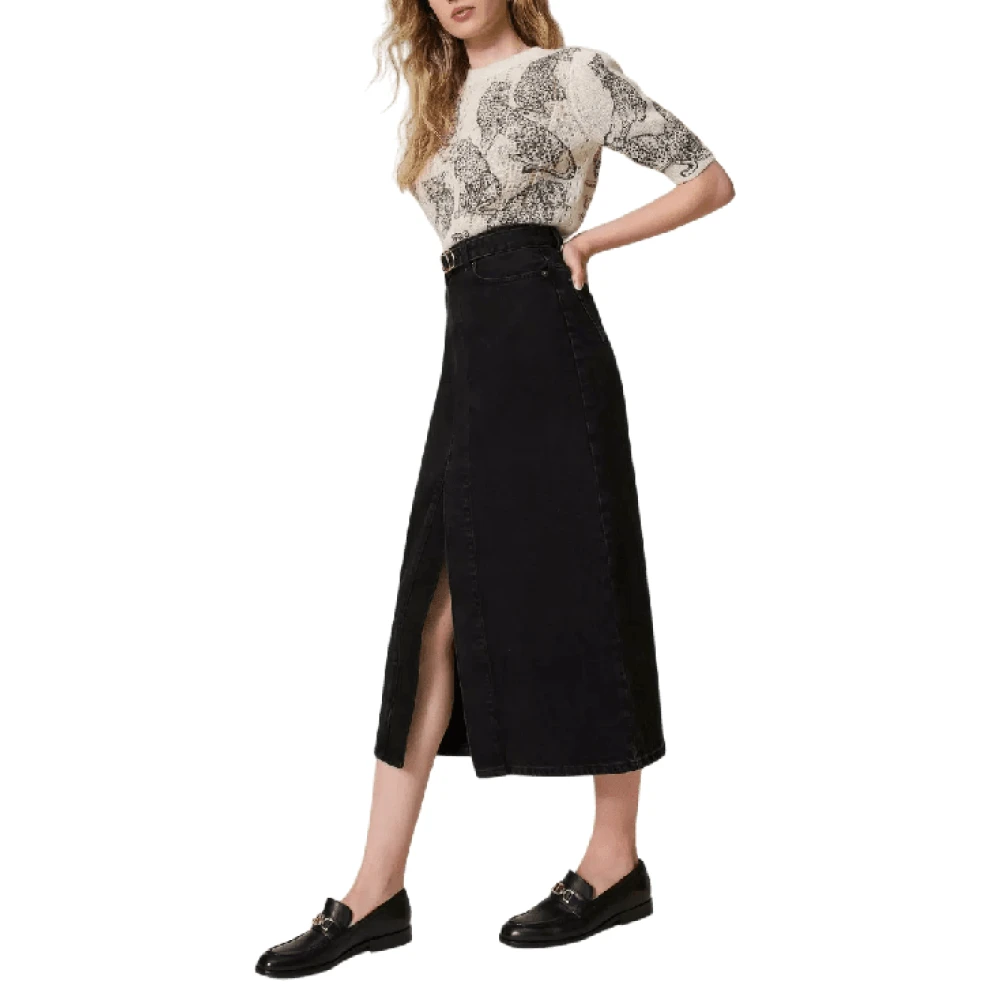 Twinset Zwarte denim jeans rok met riem Black Dames