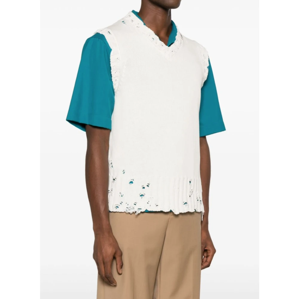 Marni Witte V-Hals Trui met Scheurdetails White Heren