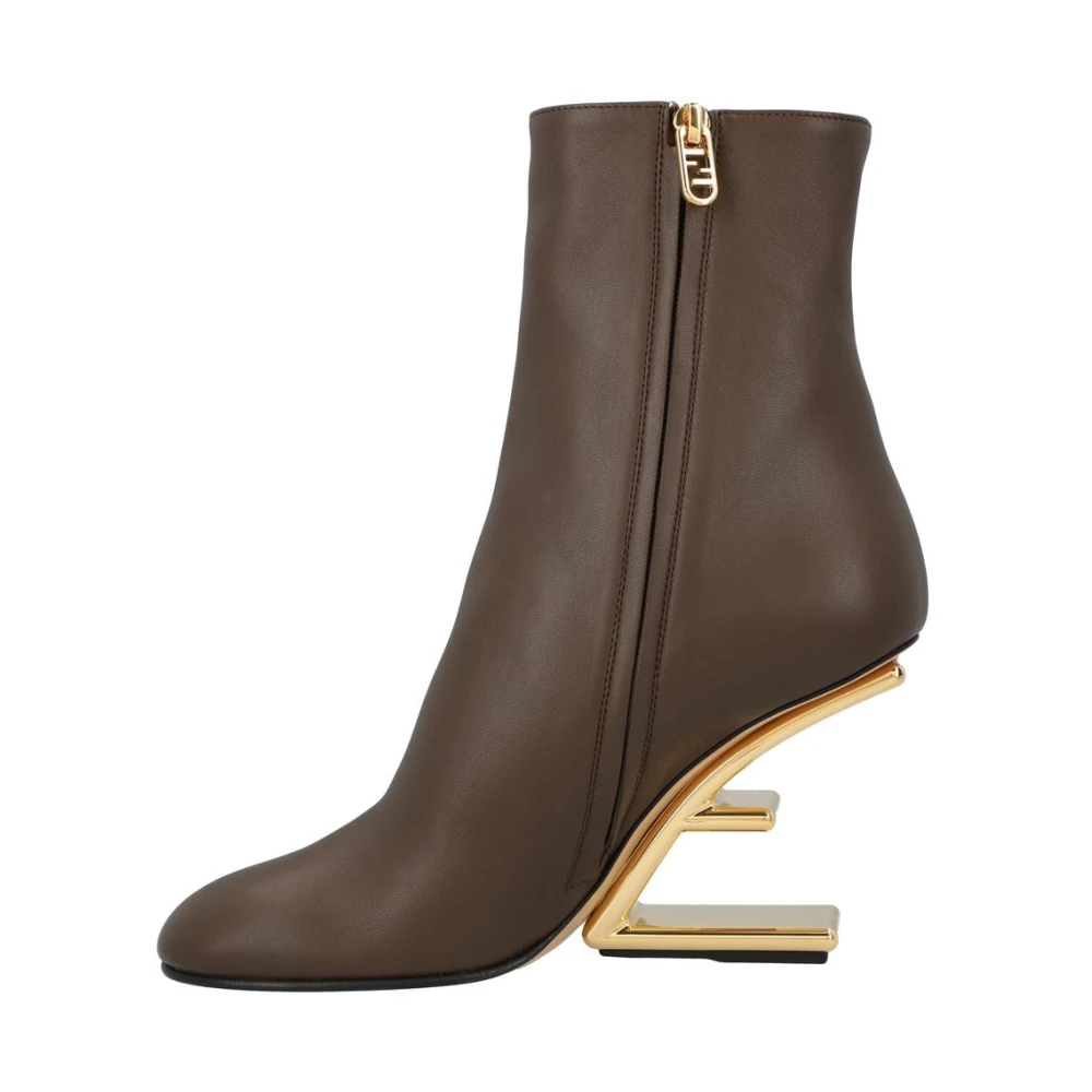Fendi Vrouw Bruin Schoenen Dames, 37 Eu, Leer, Gouden Hak Leren Enkellaarzen