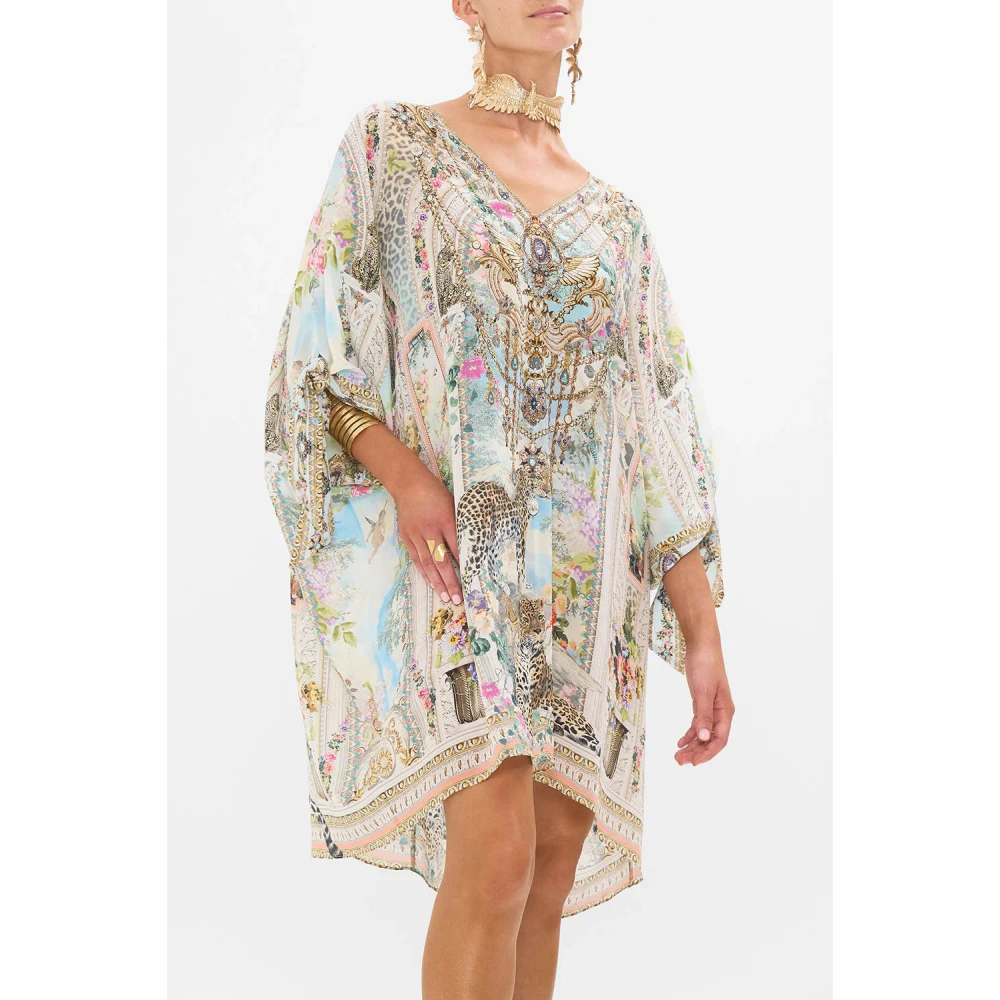 Camilla Luipaardprint Zijden Kaftan met Strikmouwen Beige Dames