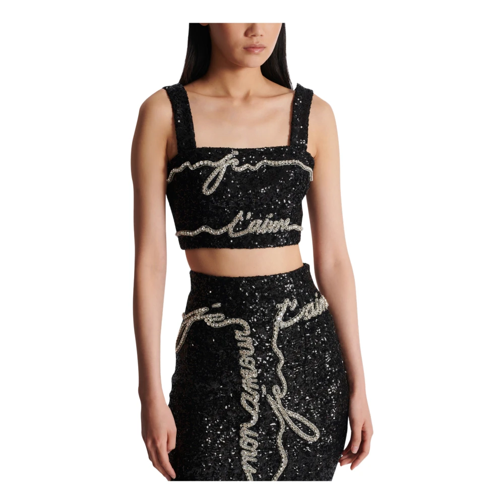 Balmain Top met 'Love Letter' borduursel Black Dames
