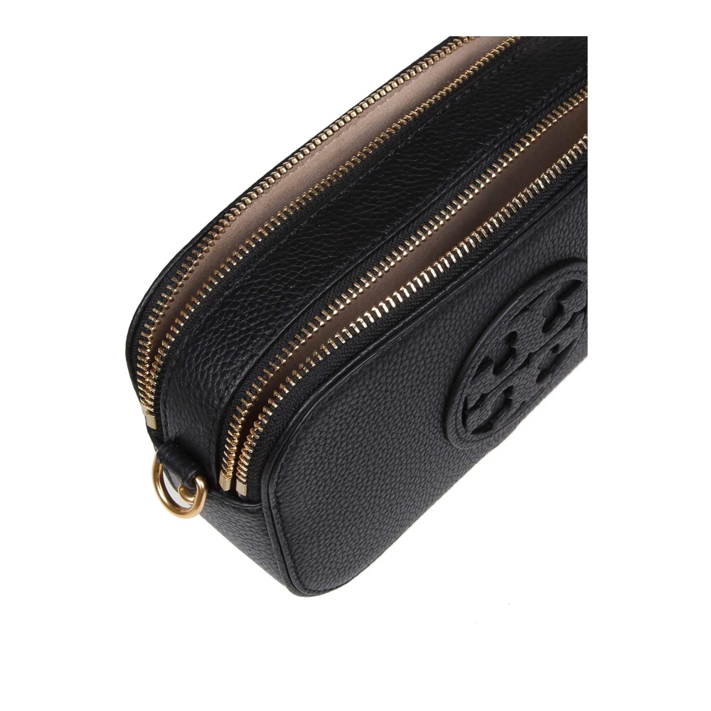 TORY BURCH Zwarte Leren Schoudertas met Dubbel T Logo Black Dames
