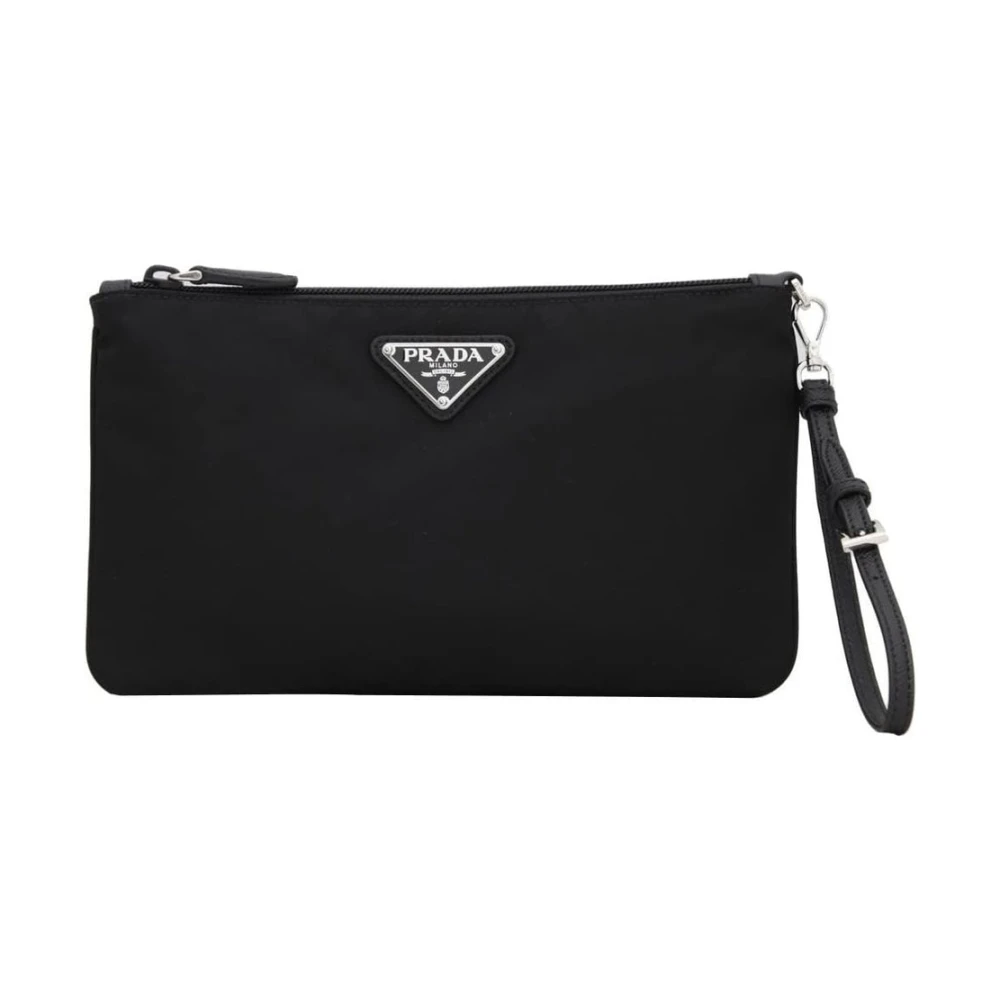 Prada Women's Black Clutches, One Size, Nylon Wristlet Pouch With Logo Plaque