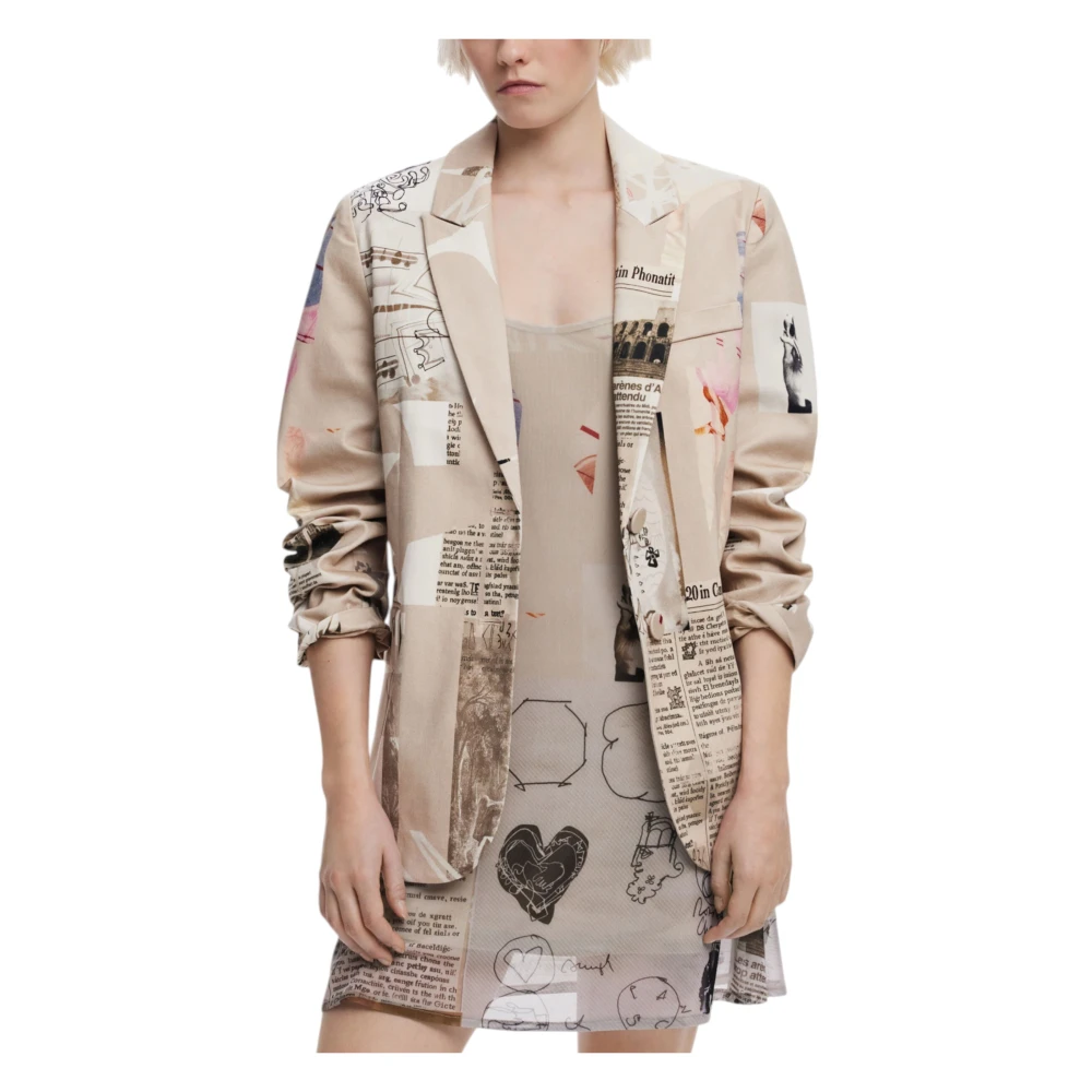 Desigual Gedrukte katoenen blazer met reverskraag Beige Dames