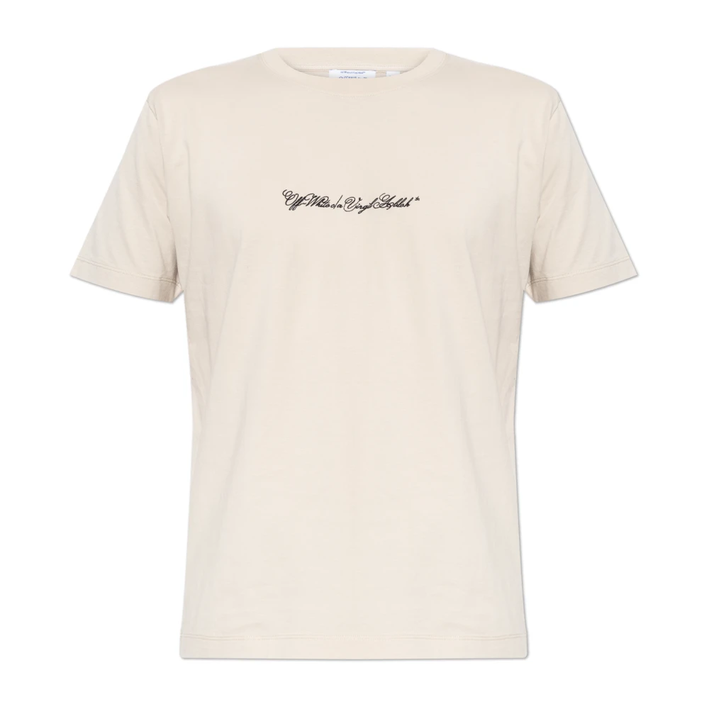 Off White Beige T-Shirts, Male, L, T-Shirt With Embroidered Logo