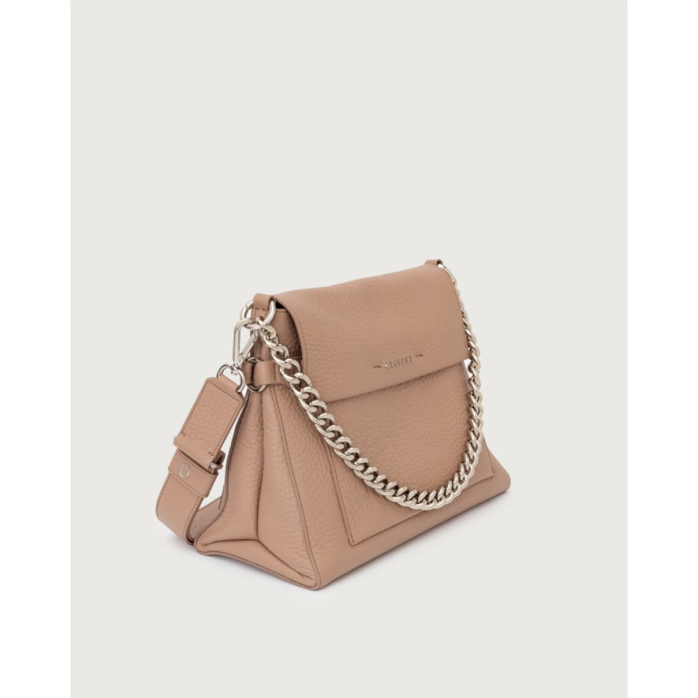 Orciani Zachte leren schoudertas met ketting en band Beige Dames