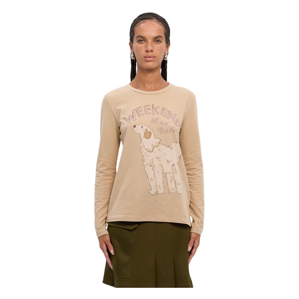Max Mara Weekend Grafische Print Lange Mouw Katoenen T-shirt Beige Dames