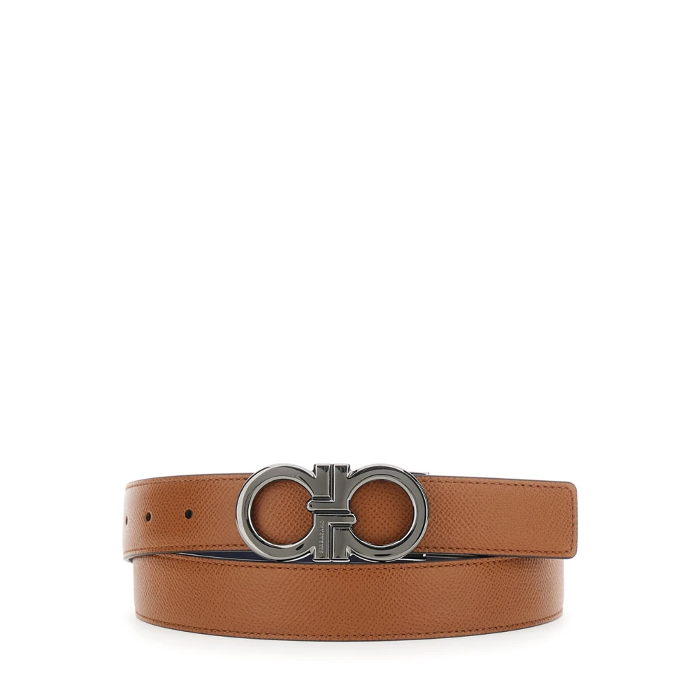 Ferragamo Brown Belts, Male, 95 Cm, Reversible Belt With Gancini Buckle In Hammered Leather