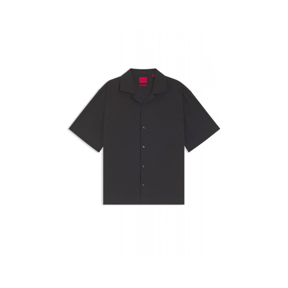 Hugo Mannelijk Zwart Overhemden Heren, Xl, Katoen, Oversized Overhemd Van Stretch-Katoen Seersucker