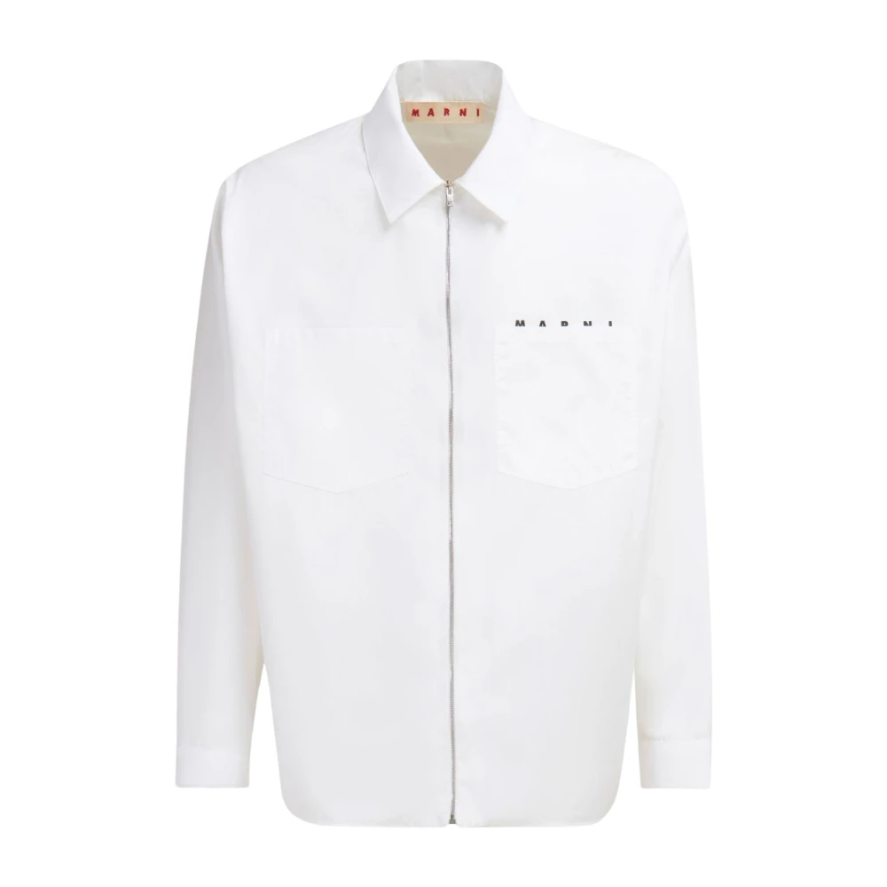 Marni Men's White Casual Shirts, L, Poplin Zip Shirt With Hidden Logo