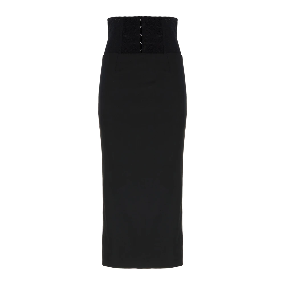 Dolce & Gabbana Black Maxi Skirts, Female, M, Satin Calf-Length Skirt With Corset-Style Belt