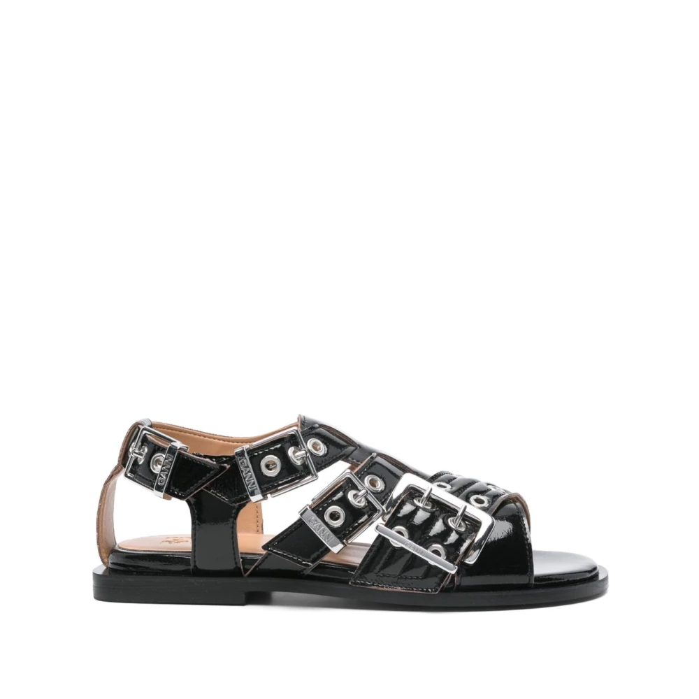 Ganni Women's Black Buckle Sandals Uncaged Design - Flat Sandals - 3 Uk - Shoes