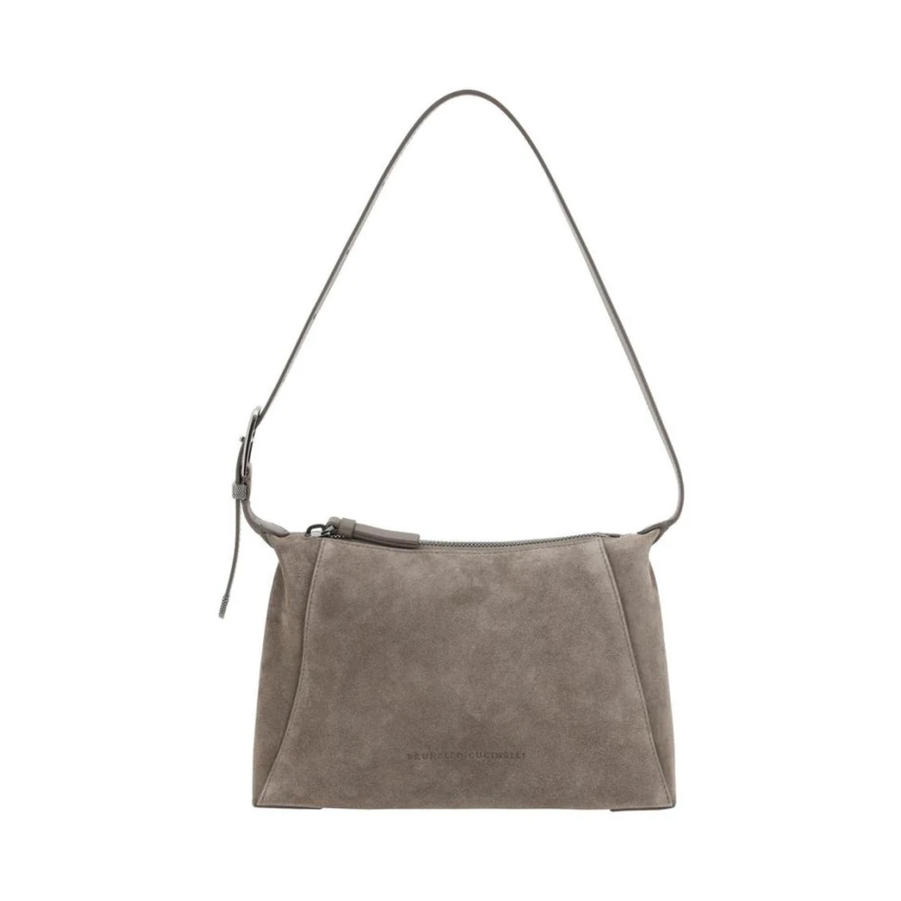 BRUNELLO CUCINELLI Suède Schoudertas met Ritssluiting Brown Dames