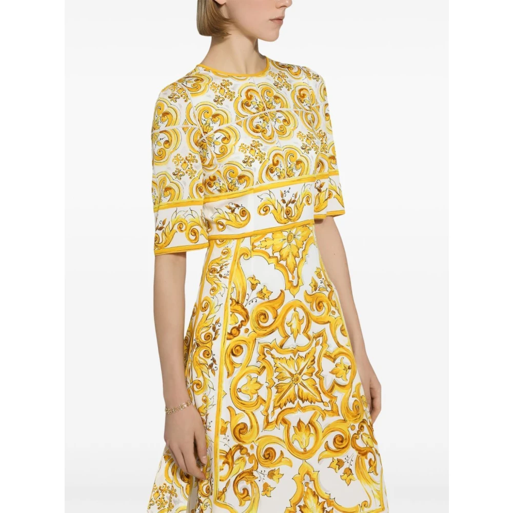Dolce & Gabbana Majolica-print Charmeuse Midi Jurk Yellow Dames
