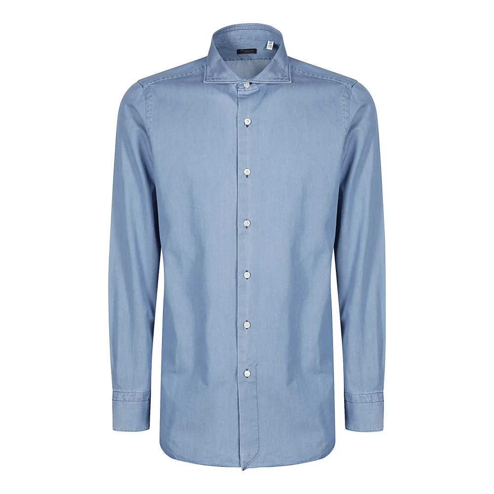 Finamore Lange Katoenen Overhemd met Knopen Blue Heren