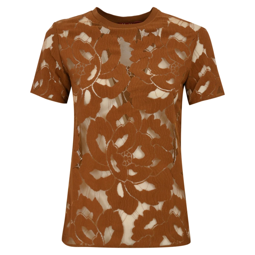 Max Mara Studio Bloemen Kant Korte Mouw T-shirt Bruin Brown Dames