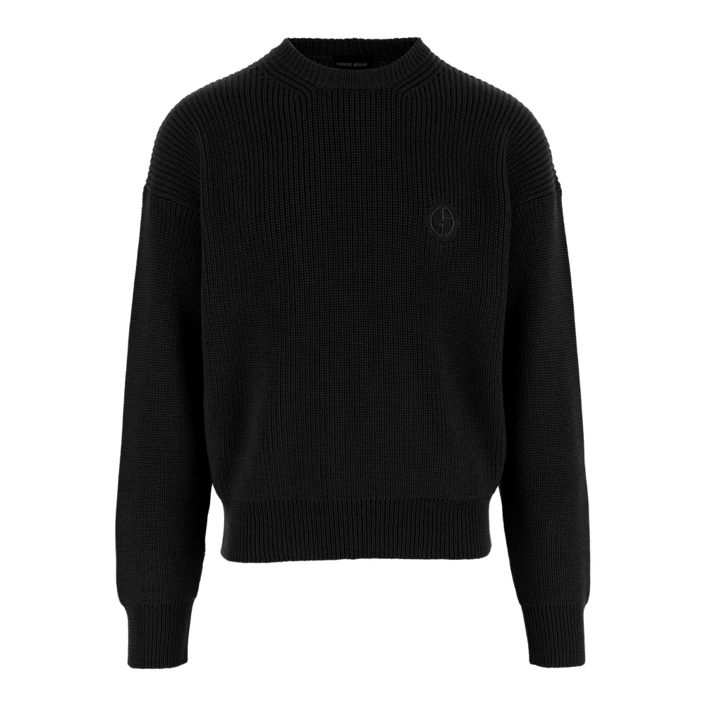 Giorgio Armani , Round-Neck Knitwear, Male, Black, M, Wool Jumper With Logo