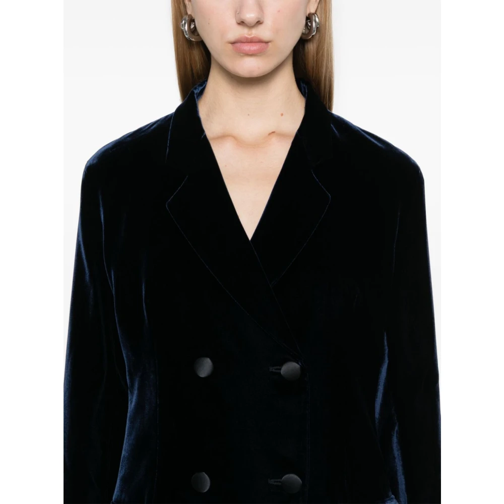 Emporio Armani Blauw Fluweel Dubbel-Breasted Jas Blue Dames