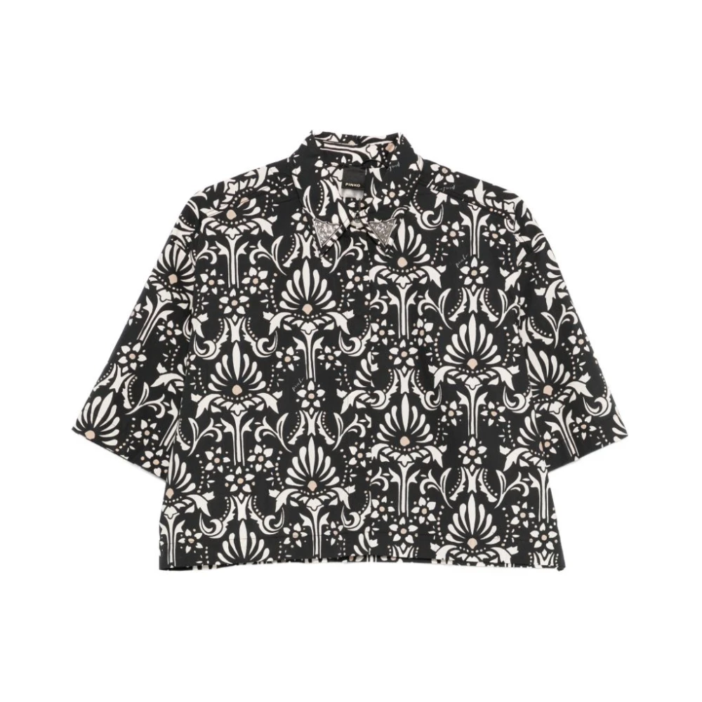 Pinko Women's Black Shirts, 2XS, Cropped Printed Shirt With Metallic Details