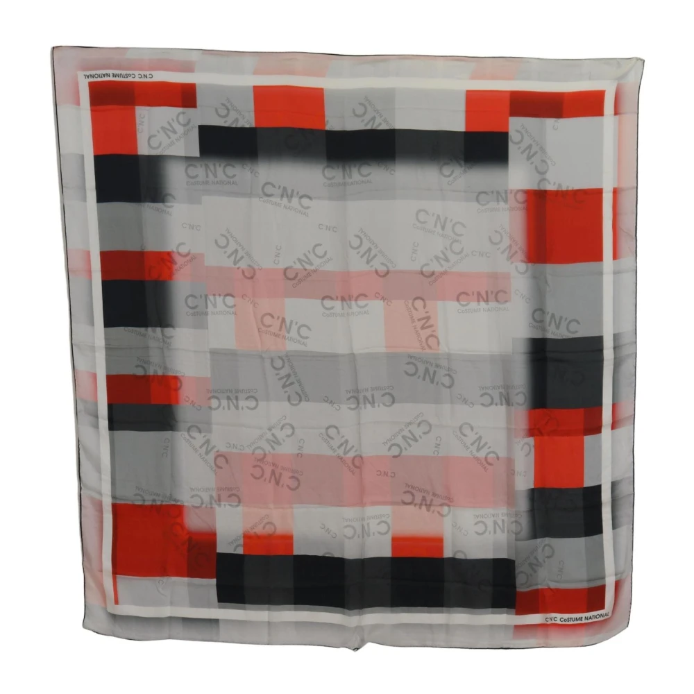 Costume National Women's Grey/Red Silk Square Scarf Checke