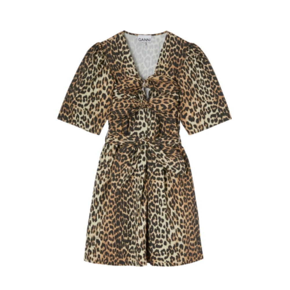 Ganni Women's Brown Tie-Waist Leopard Print Dress - Short Dresses - Xs - Dresses