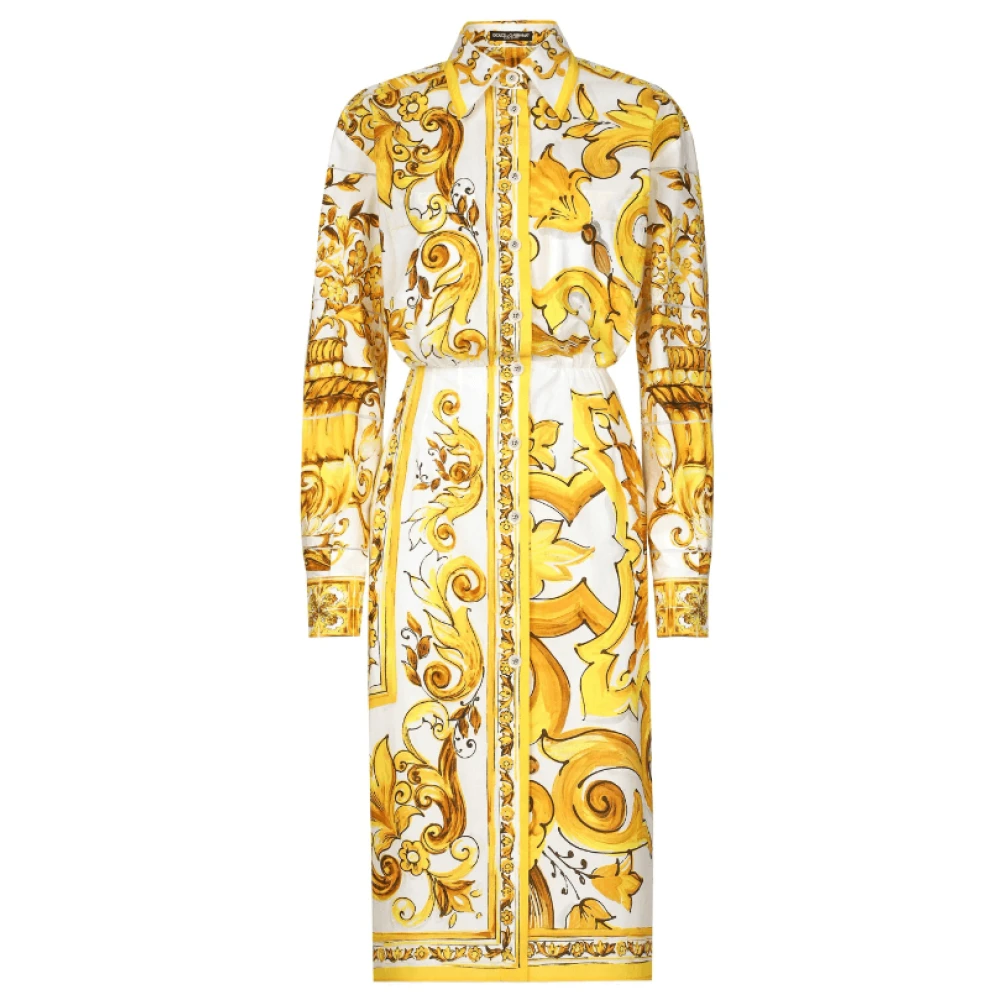 Dolce & Gabbana Majolica Print Katoenen Overhemdjurk Yellow Dames