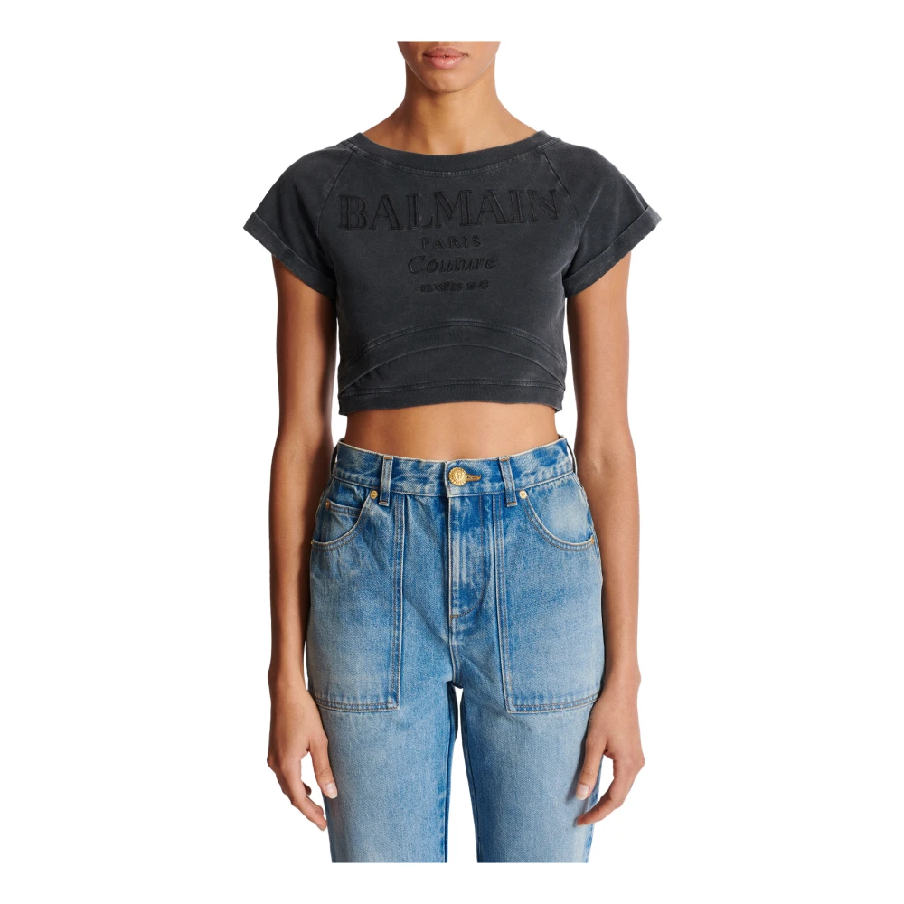 Balmain Cropped Couture Geborduurd T-shirt Gray Dames