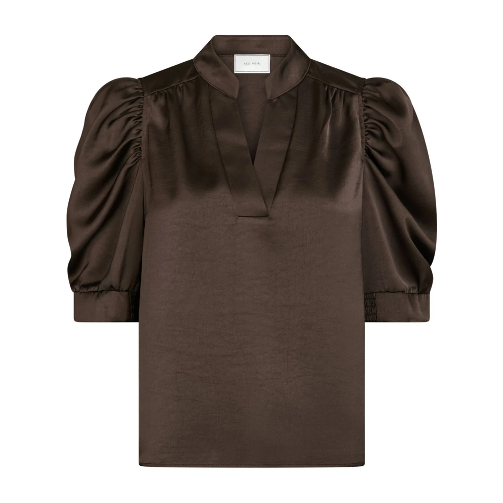 Neo Noir Brown Blouses, Female, Xl, Sateen Blouse With Puff Sleeves