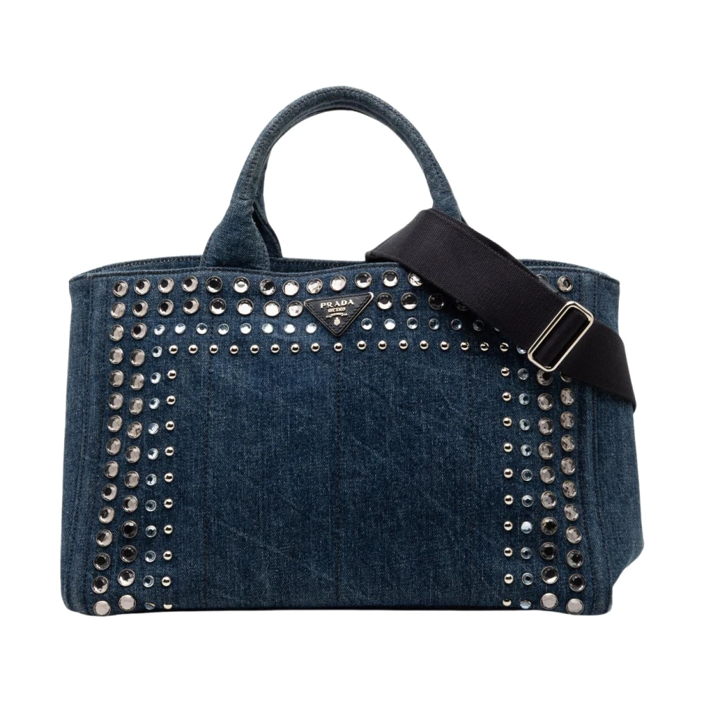Prada Vintage Women's Blue Pre-Owned Studded Denim Tote Bag
