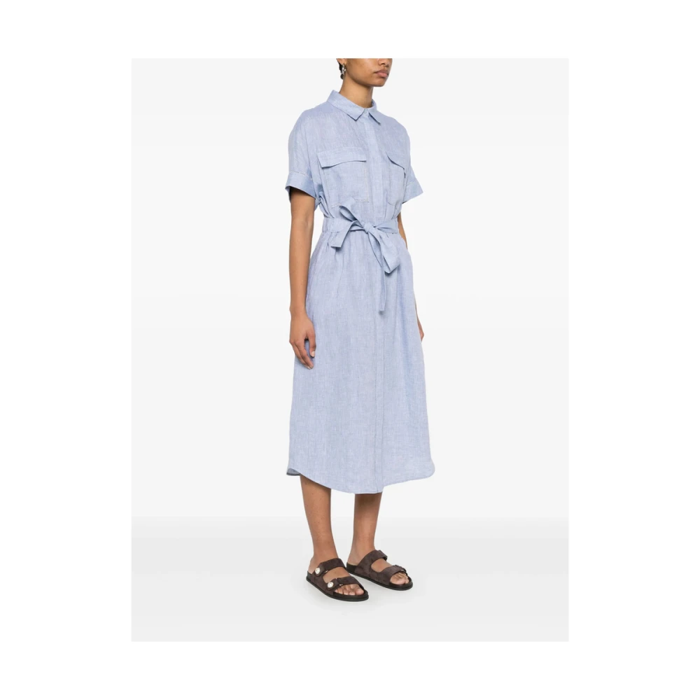 PESERICO Pastelblauwe Jurk met Knoopsluiting en Elastische Tailleband Blue Dames