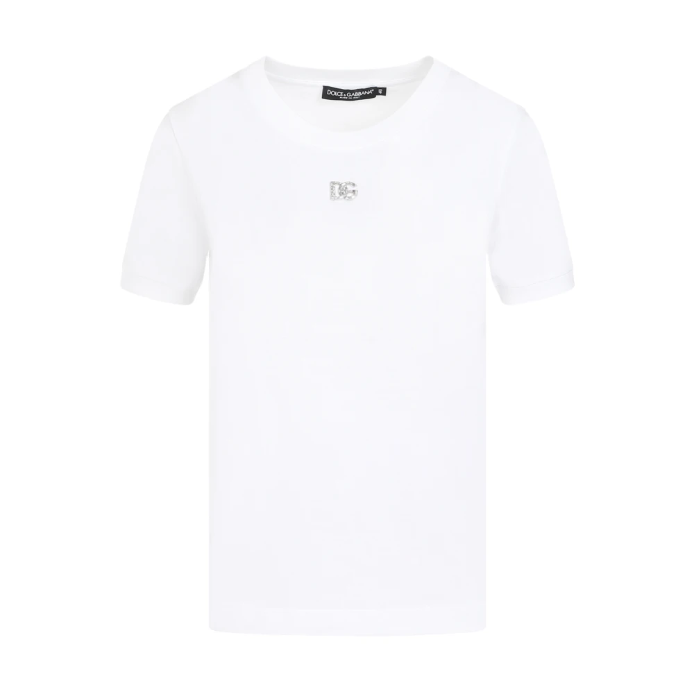 Dolce & Gabbana Wit Katoenen T-shirt met Kristal Monogram White Dames