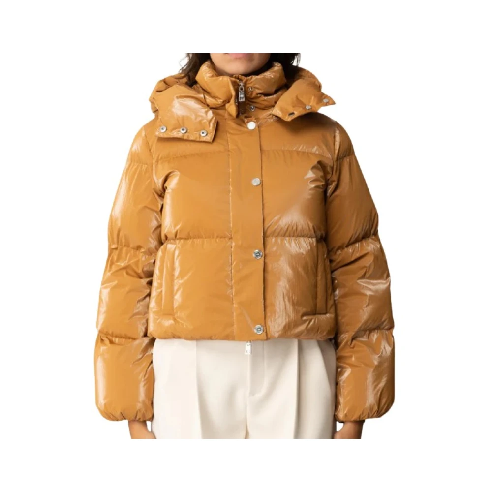 Elisabetta Franchi Metallic Cropped Down Jacket met Afneembare Capuchon Brown Dames