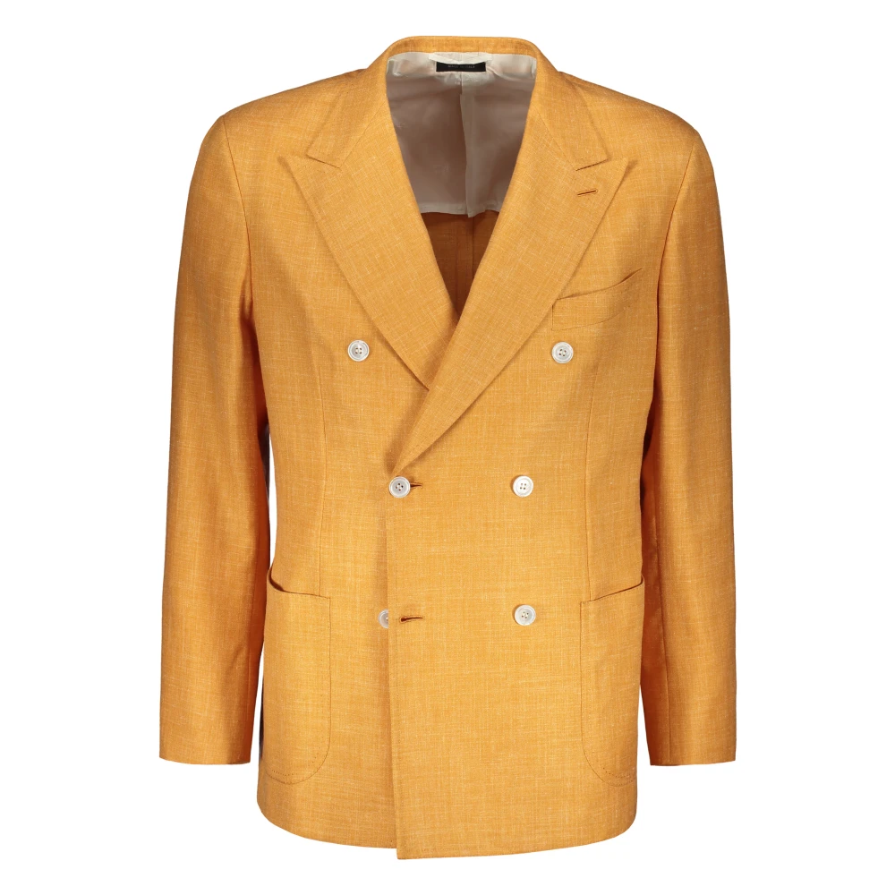 Brioni Zijden en wollen peak revers jas Orange Heren