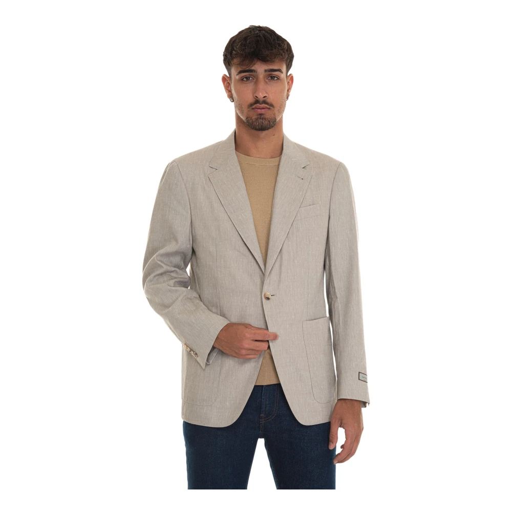 Canali Linnen Wol Jas met Zakken Beige Heren