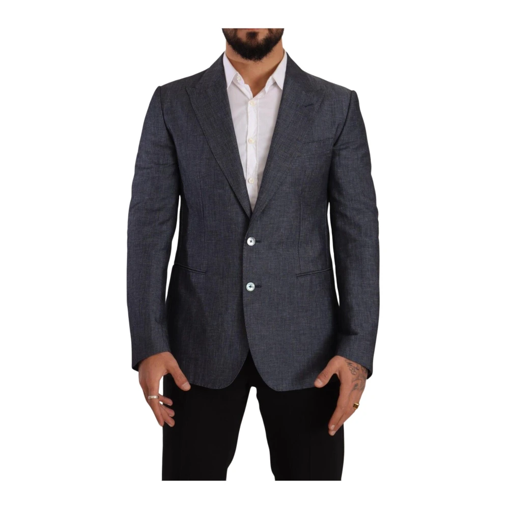 Dolce & Gabbana Men's Blue Linen Blazer Peak Lapel Slim Fit - Blazers - M- Jackets