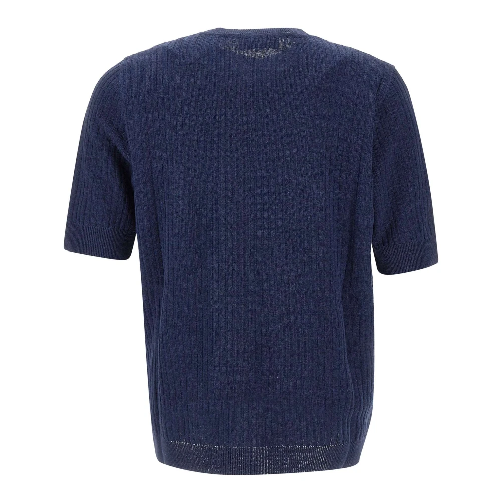 Lardini Blauw Linnen Katoenen T-shirt met Geribbelde Textuur Blue Heren
