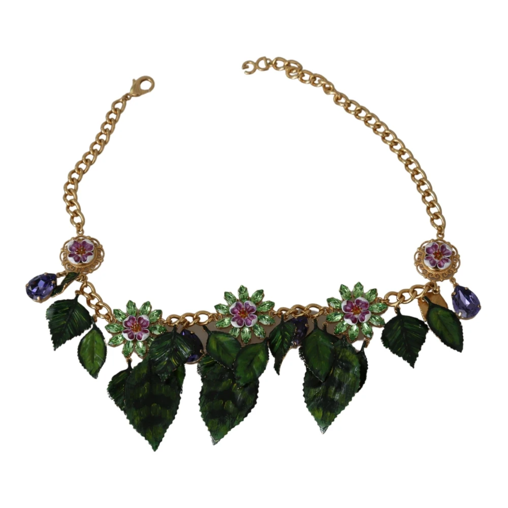 Dolce & Gabbana Green Leaves Gold Brass Crystal Flower Pendant Necklace Grön Dam