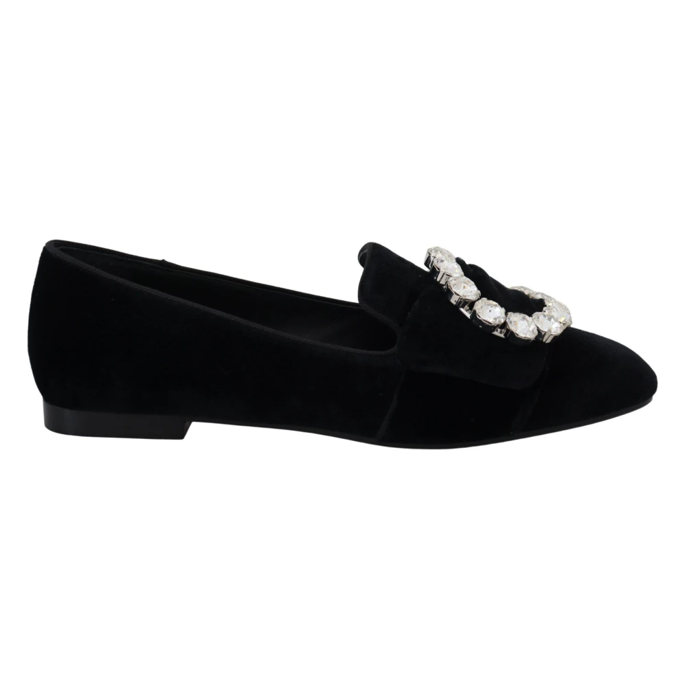 Dolce & Gabbana Women's Black Loafers, 3 Uk, Chic Velvet Loafers With Crystal Embellishments