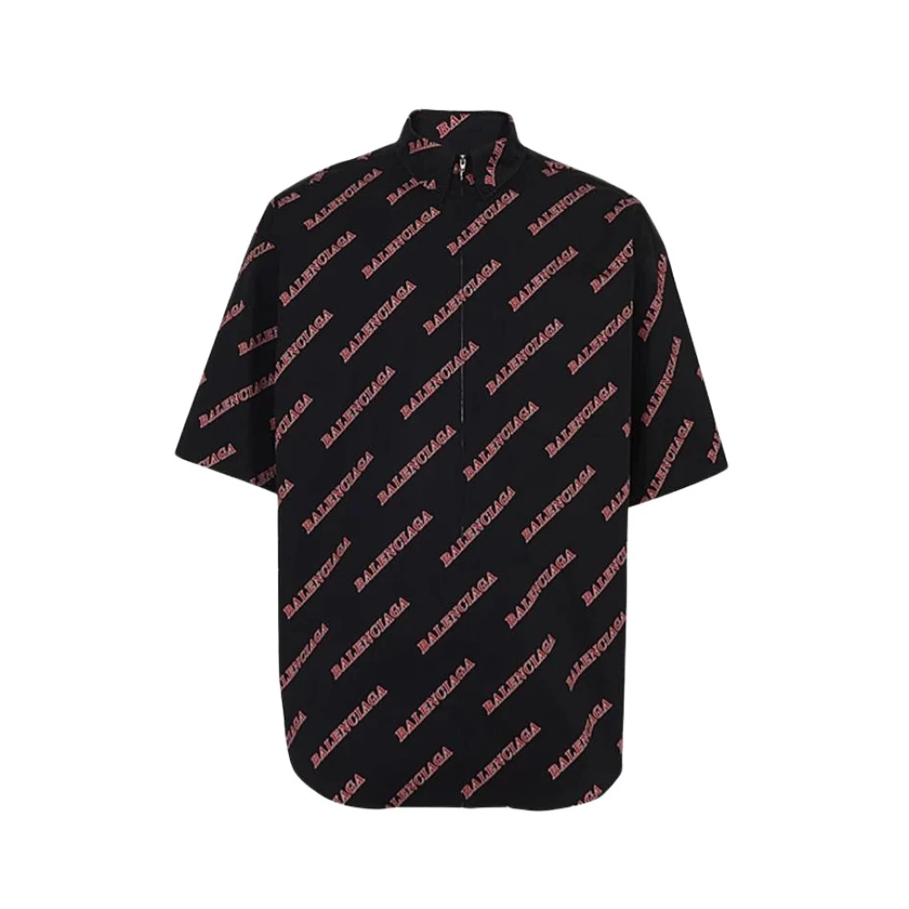Balenciaga Bedrukte katoenen chemise met korte mouwen Black Heren