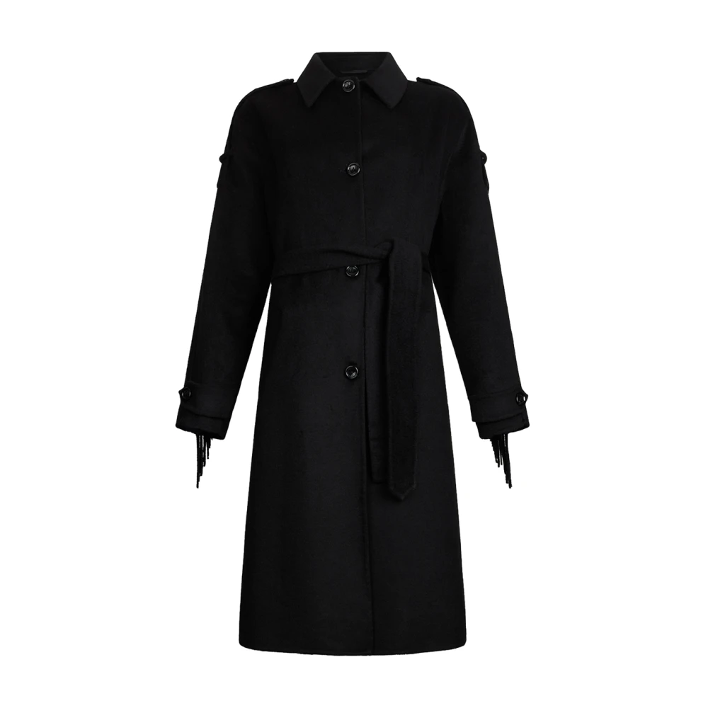 Liu Jo Donna Nero Trench Coat In Lana Con Frange