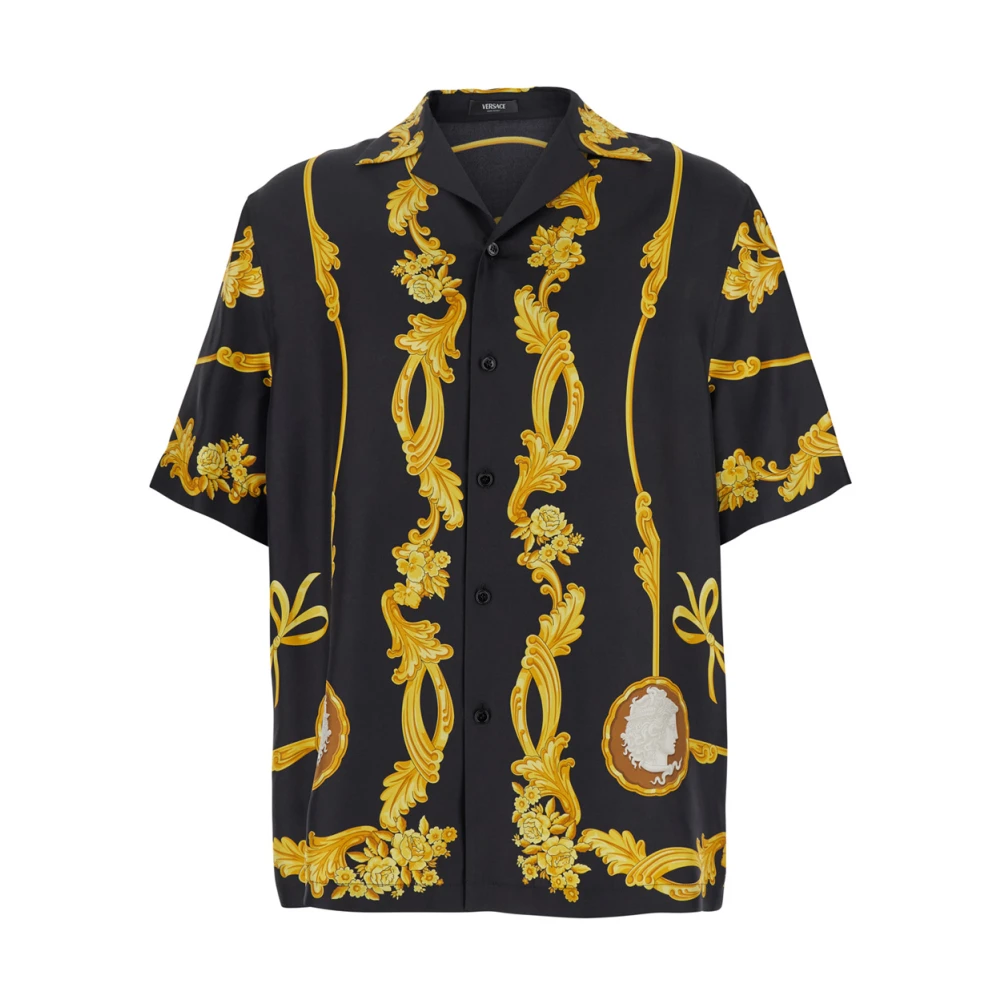 Versace Grafische Print Cubaanse Kraag Shirt Zwart Black Heren