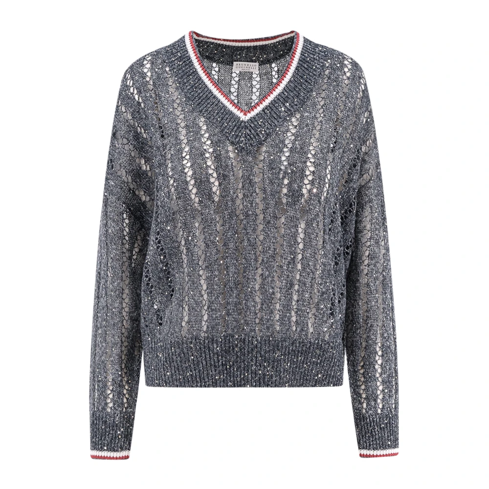 BRUNELLO CUCINELLI Linnen Paillet V-Hals Trui Gray Dames