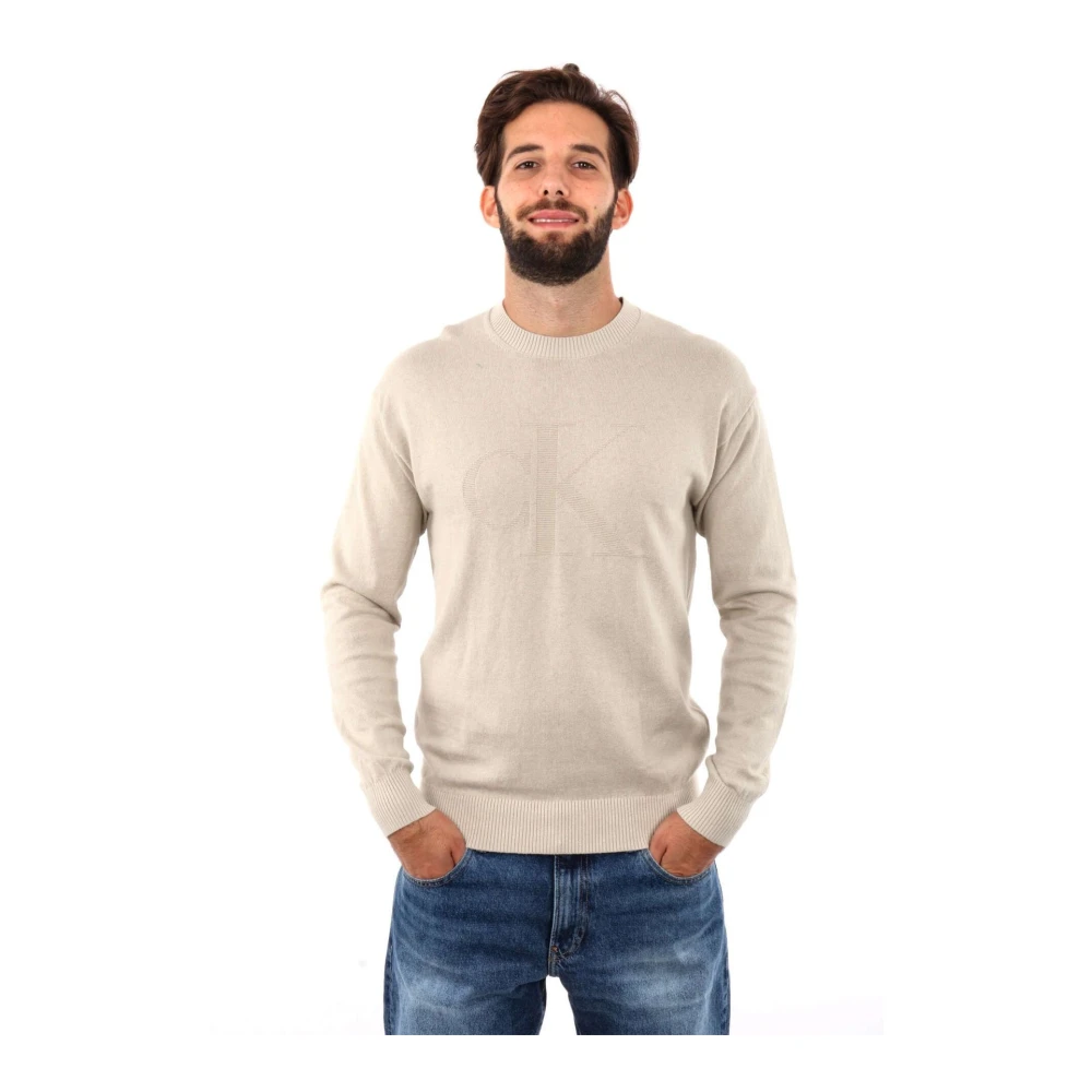 Calvin Klein Jeans Intarsia Logo Crewneck Sweater Heren Beige Heren