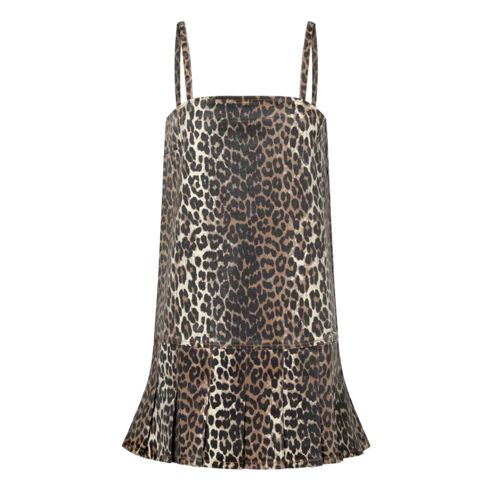Ganni Leopard Foil Print Denim Strap Jurk Brown Dames