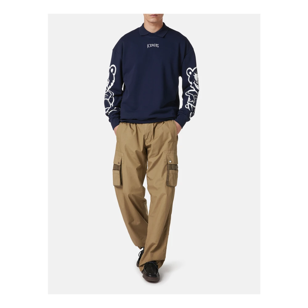 Iceberg Regular fit blauwe crewneck sweatshirt met beerprint en logoborduursel Blue Heren